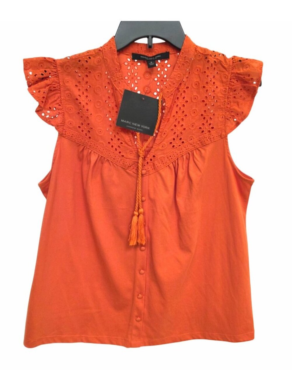 Marc New York Pumpkin Eyelet Blouse Womens M Ruffle Tassel Tie Button Front NWT